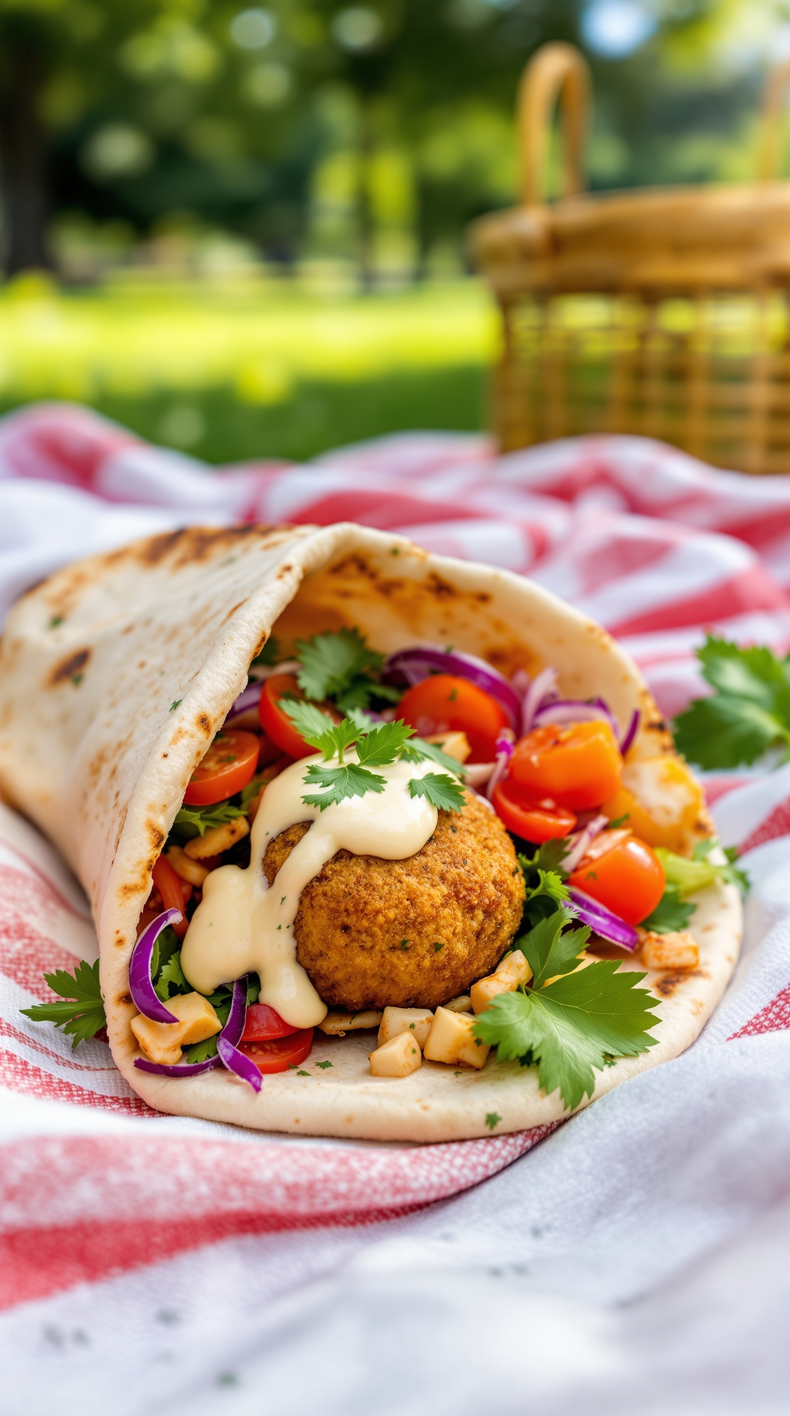 Vegetarian falafel pita pocket filled with fresh vegetables and sauce, placed on a picnic blanket.