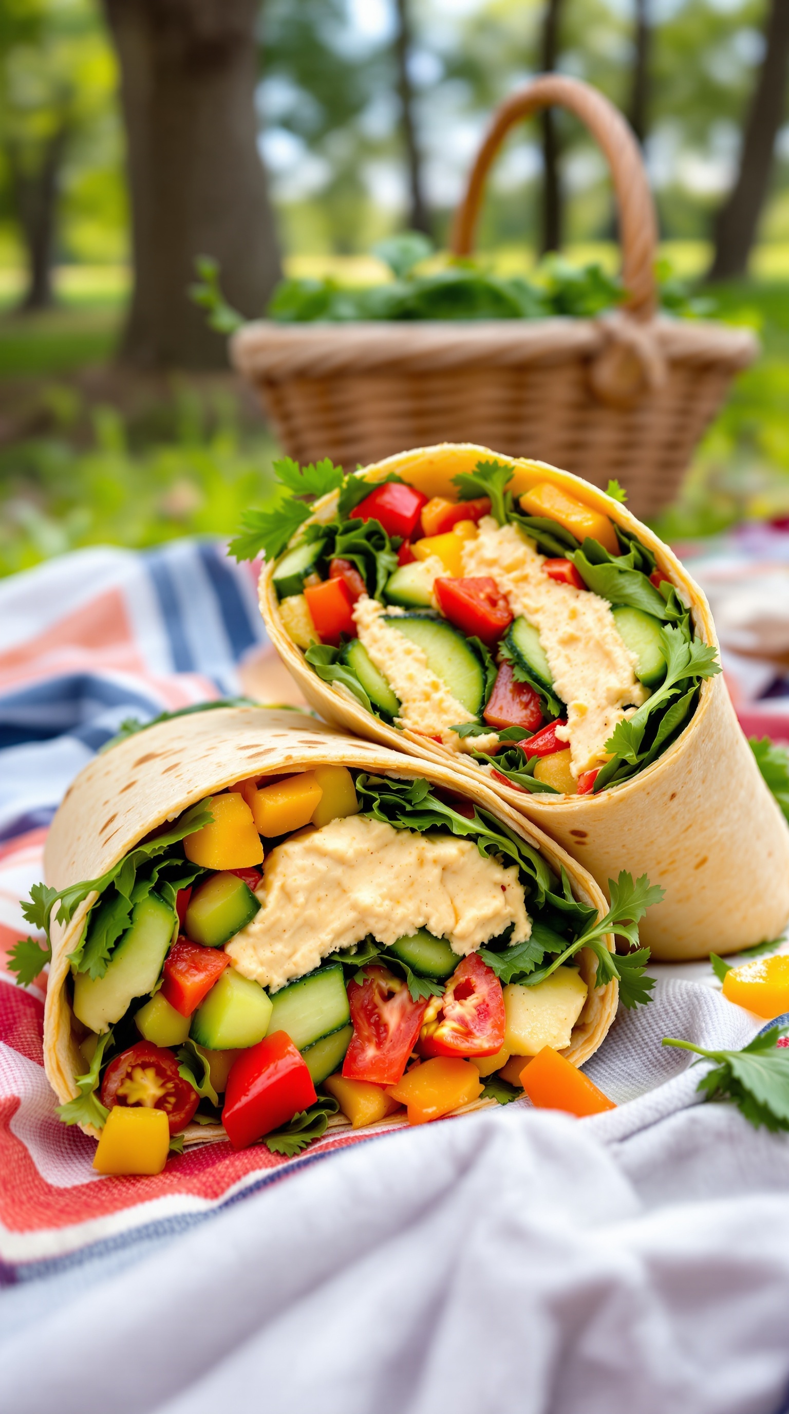 Veggie and hummus wraps filled with colorful vegetables, perfect for a picnic.
