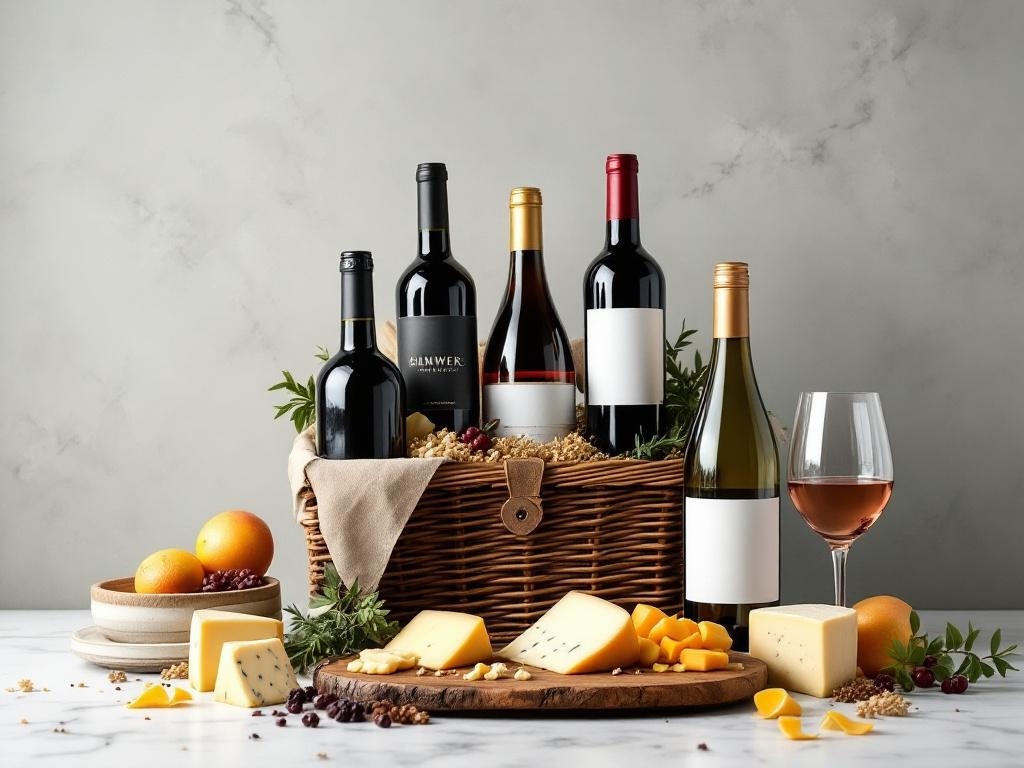 A wicker basket filled with various bottles of wine and an assortment of cheeses, accompanied by fresh fruits.