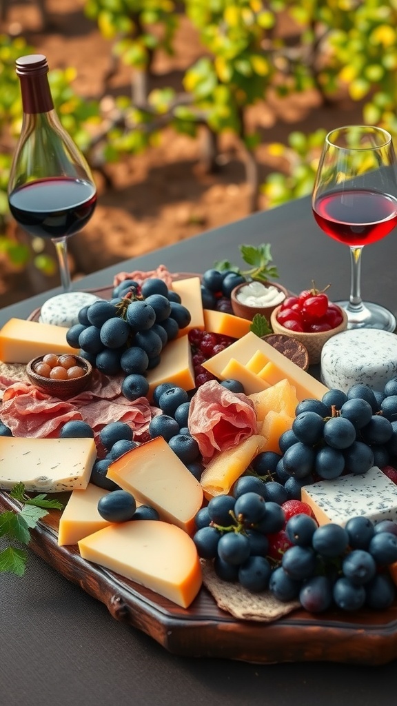 A charcuterie platter featuring various cheeses, grapes, cured meats, and a bottle of red wine.