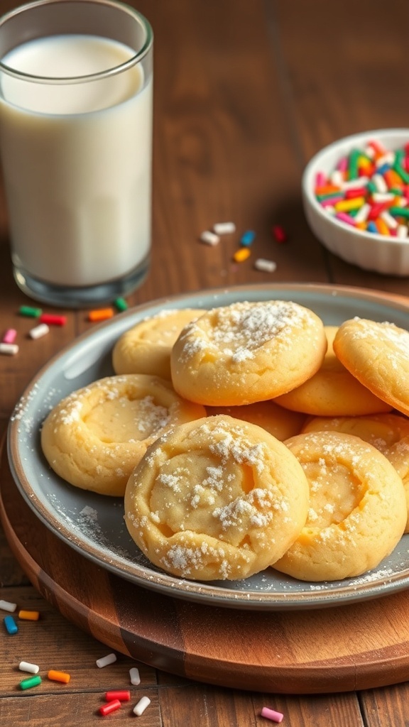 A plate of yellow cake mix cookies dusted with powdered sugar, accompanied by a glass of milk and a bowl of colorful sprinkles.