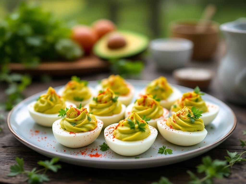 Plate of zesty avocado deviled eggs garnished with herbs and paprika