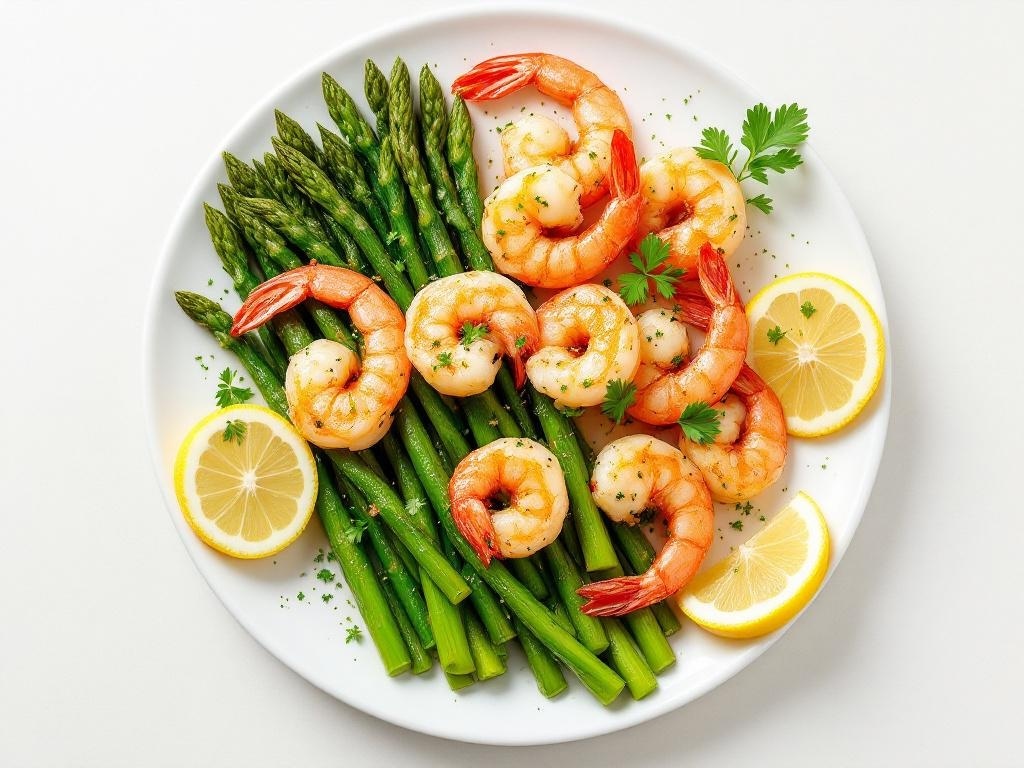 A plate of zesty lemon garlic shrimp with asparagus, garnished with lemon slices and parsley.