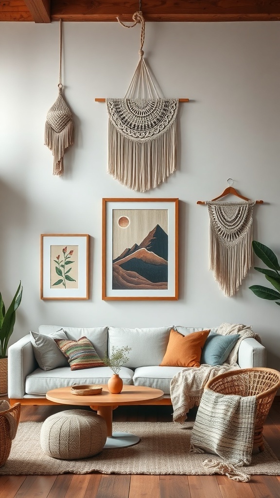 A cozy living room featuring macramé wall hangings and framed artwork.