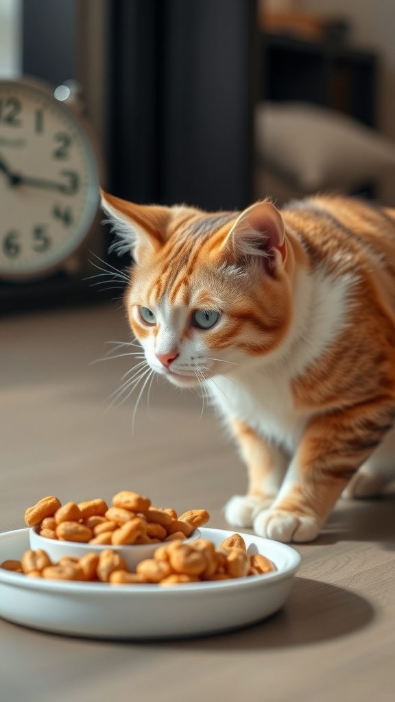 A playful orange and white cat curiously approaches a bowl of treats, with a clock in the background.
