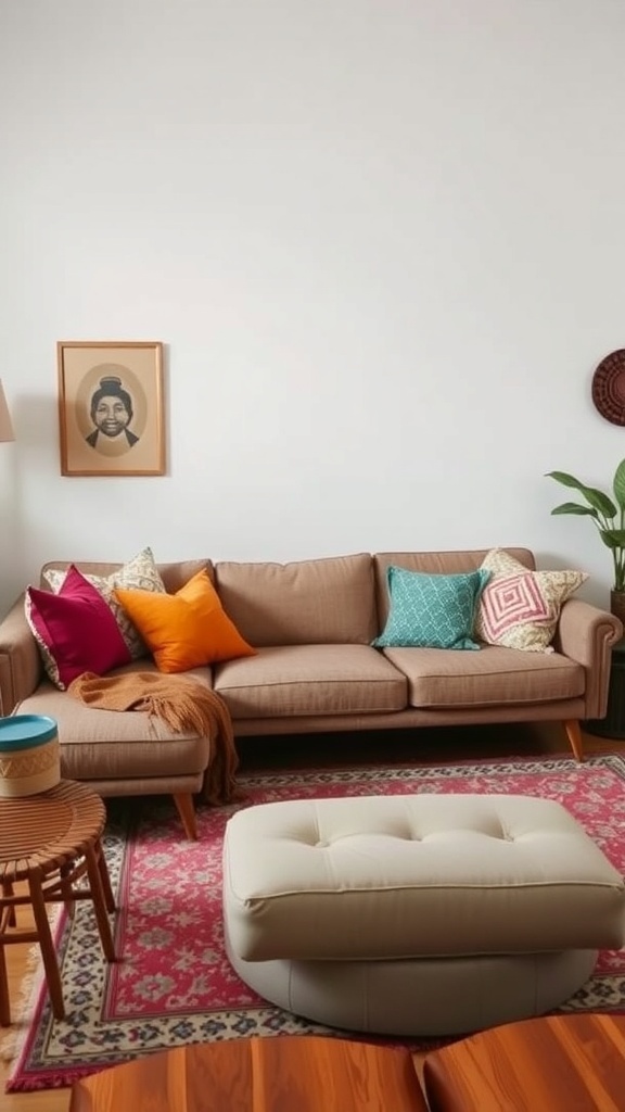 A cozy living room featuring a brown sofa with colorful cushions, a patterned rug, and a pouf.
