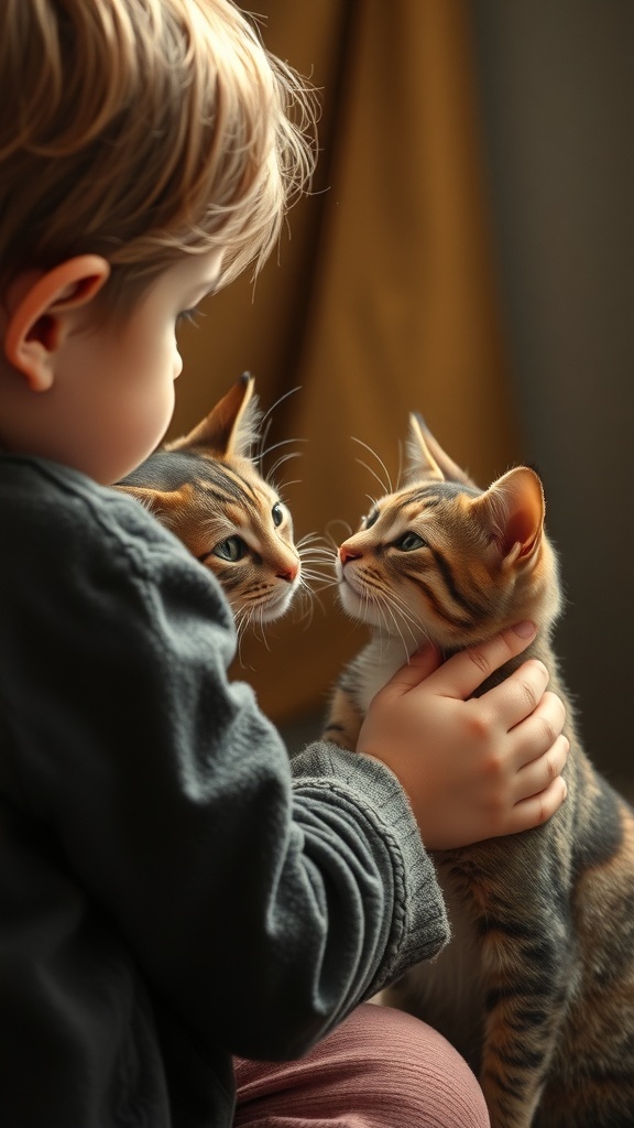 A child interacting with two cats, showcasing a moment of affection and connection.