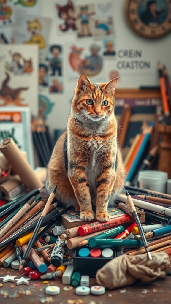 A playful cat sitting on a cluttered desk filled with art supplies, inspiring creativity.