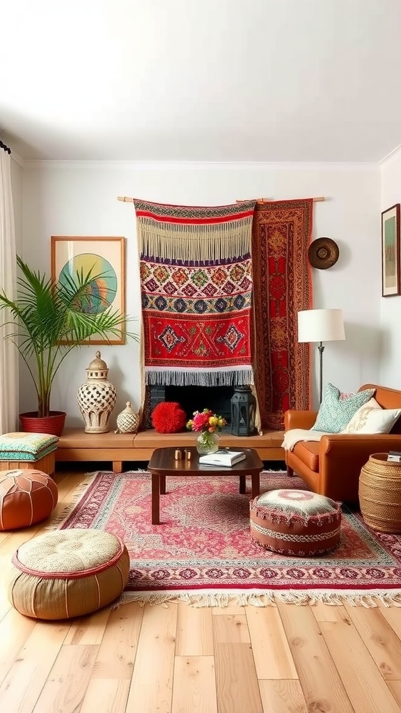 A cozy boho aesthetic living room featuring vibrant textiles, patterned rugs, and plants.
