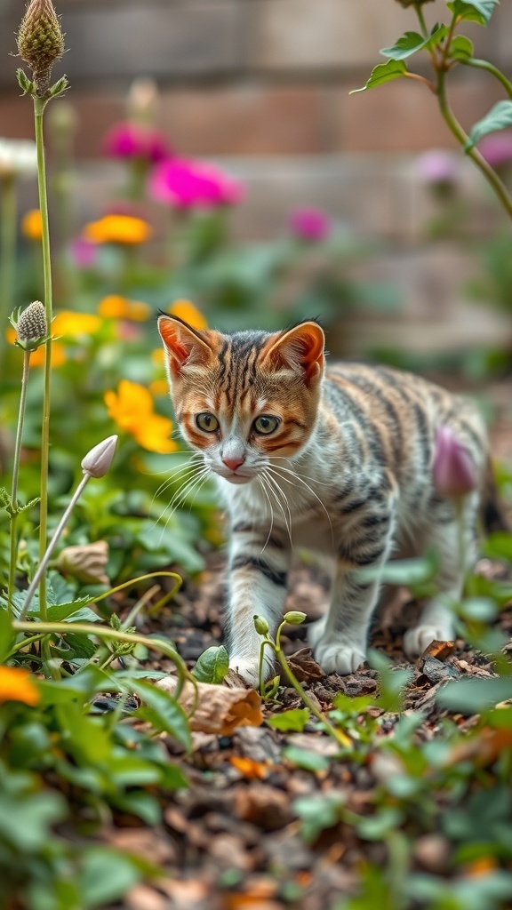 A playful cat exploring a colorful garden filled with flowers.