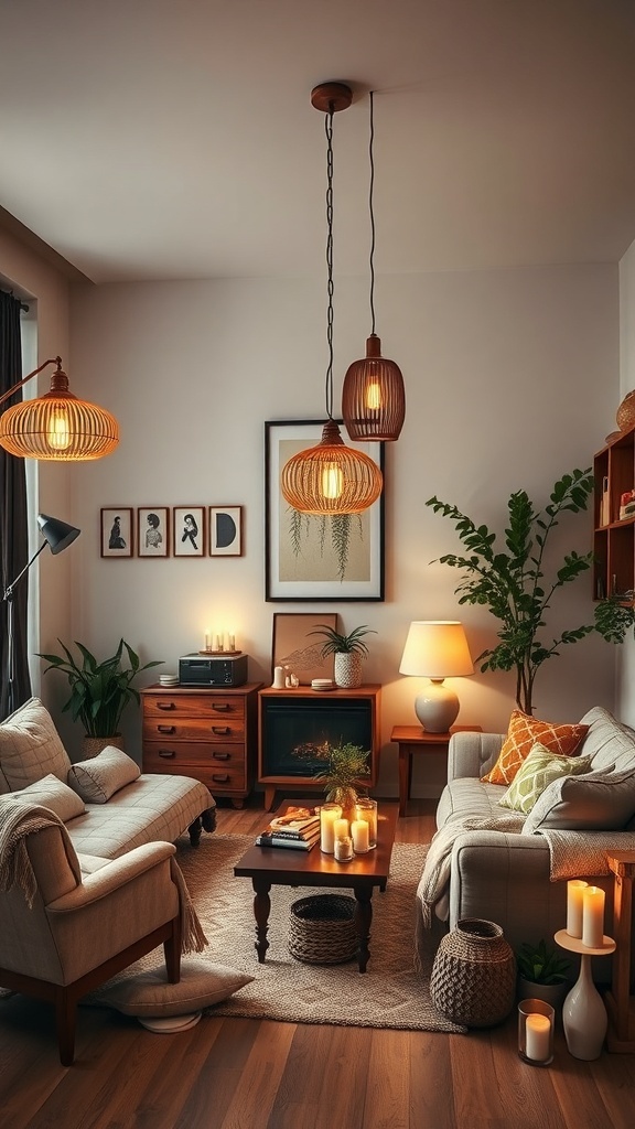 A cozy boho aesthetic living room with layered lighting, featuring pendant lights and candles.