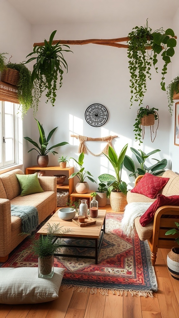 A boho living room with natural elements, featuring hanging plants, cozy furniture, and a colorful rug.