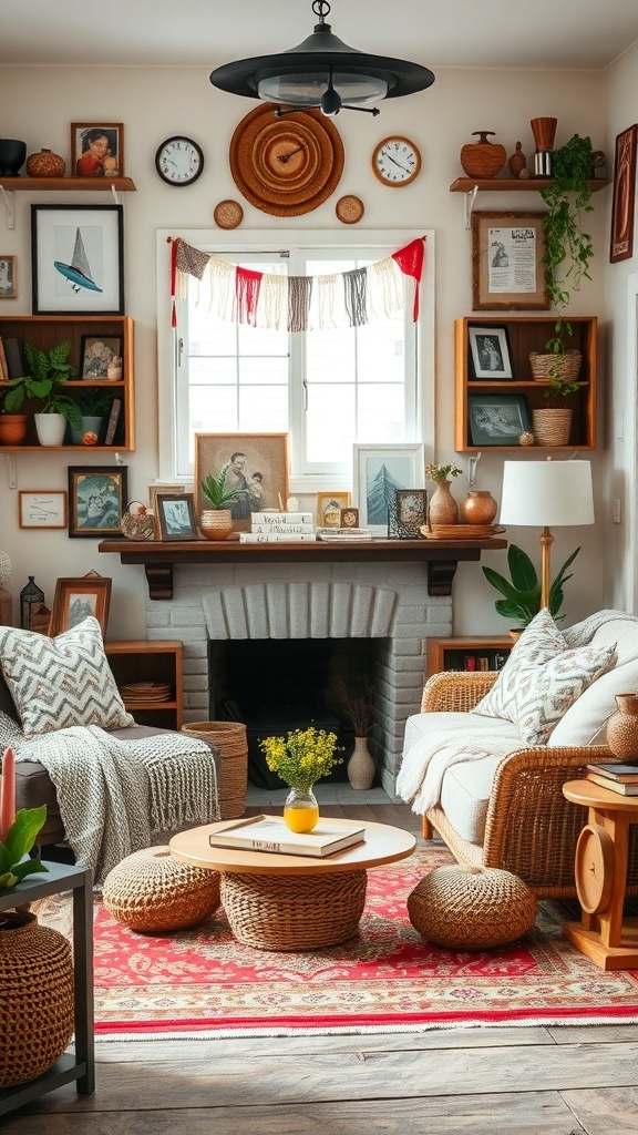 A boho aesthetic living room with woven baskets, plants, and eclectic decor.