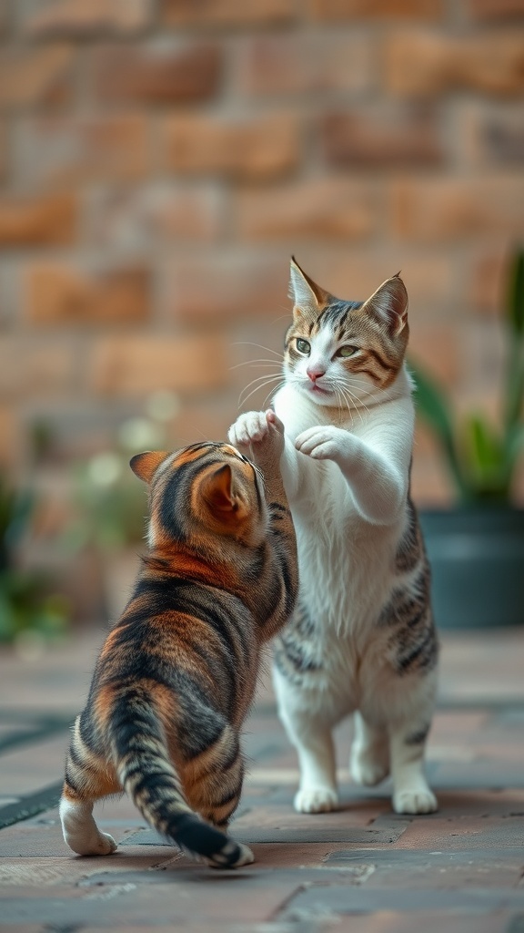 Two playful cats engaging in a friendly tussle.
