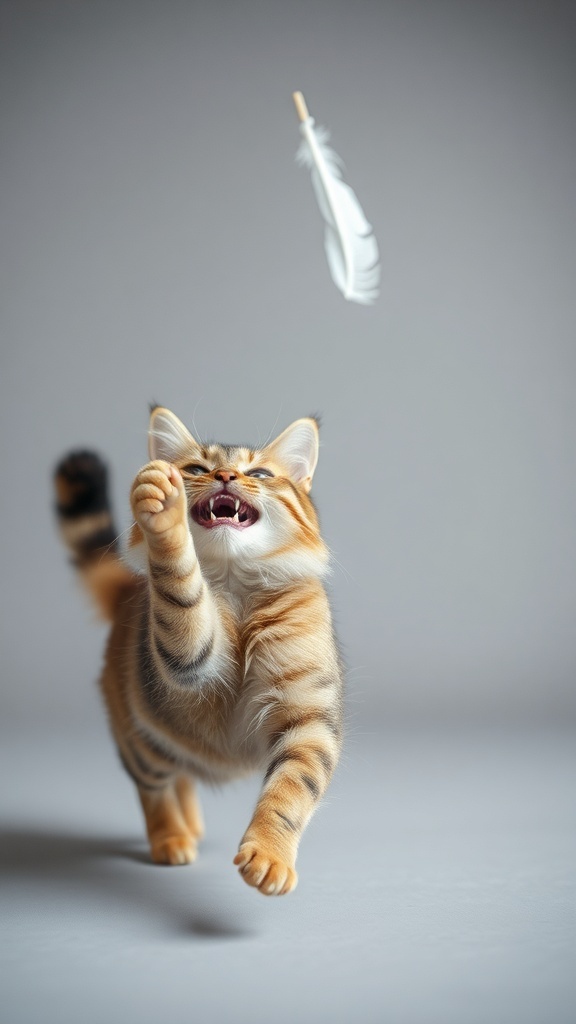 A playful cat jumping to catch a feather toy.