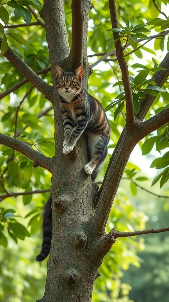 A playful cat sitting on a tree branch, surrounded by green leaves.