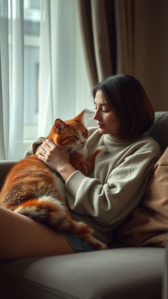 A woman sitting on a couch, holding and cuddling her orange cat, both looking content and happy.