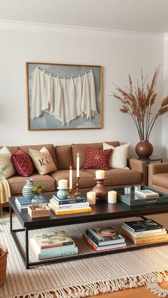 A cozy boho aesthetic living room featuring a coffee table with books, candles, and decorative items.
