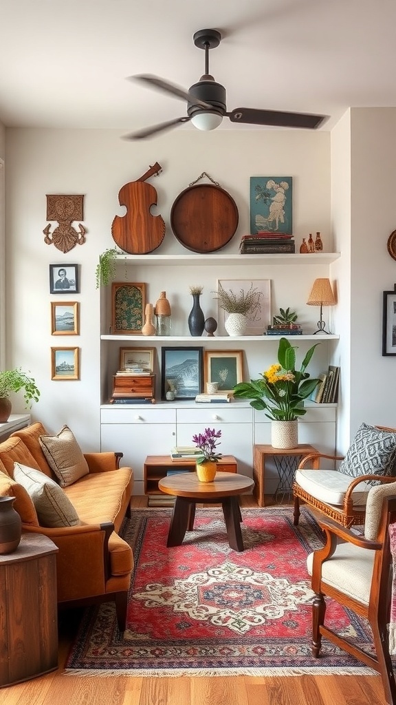 A cozy living room with vintage furniture, a colorful rug, and decorative shelves.