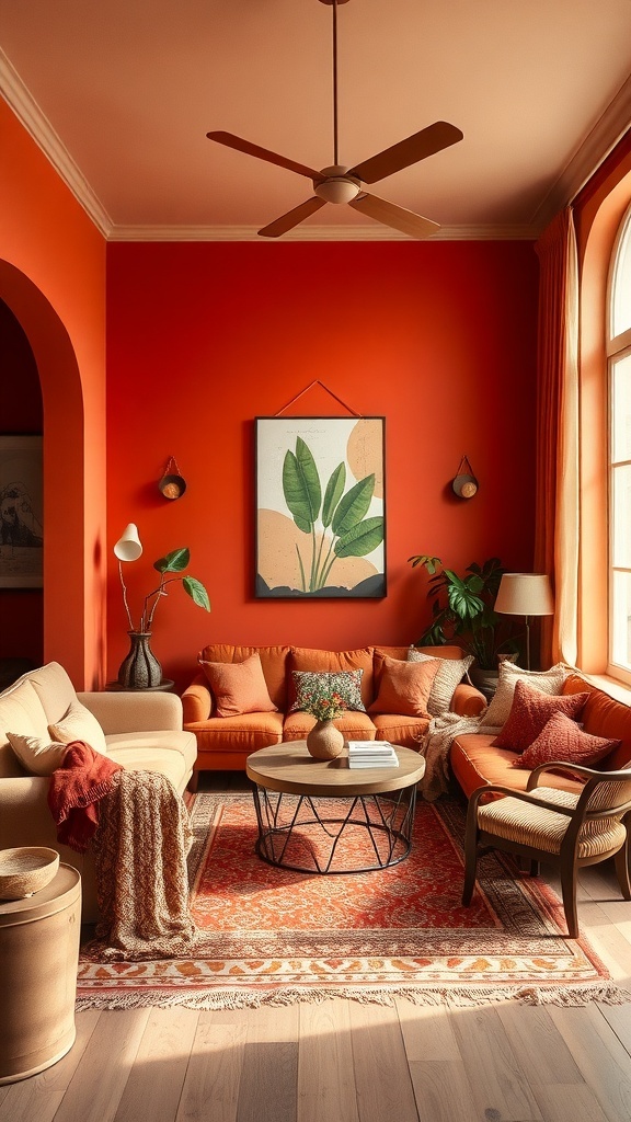 A warm and inviting living room with terracotta walls, cozy furniture, and plants.