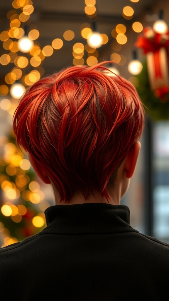 A stylish haircut with fiery red highlights, set against a backdrop of festive lights.