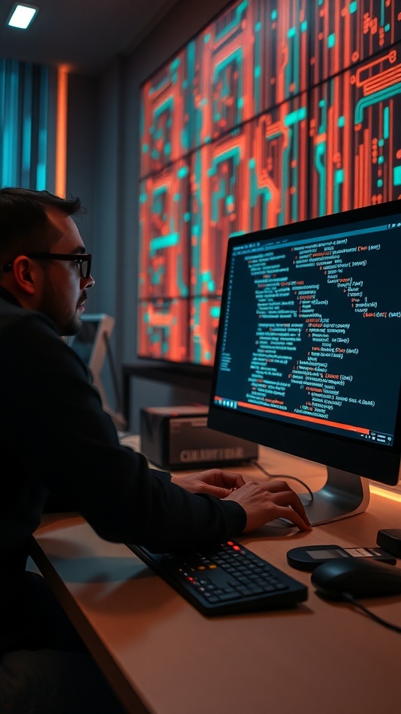 A person working on a computer with AI code displayed on the screen, surrounded by a modern tech environment.