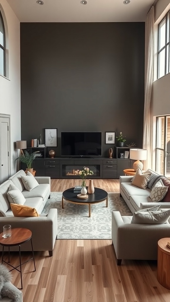 A cozy living room with balanced furniture arrangement, featuring two sofas facing each other, a circular coffee table, and a warm color palette.