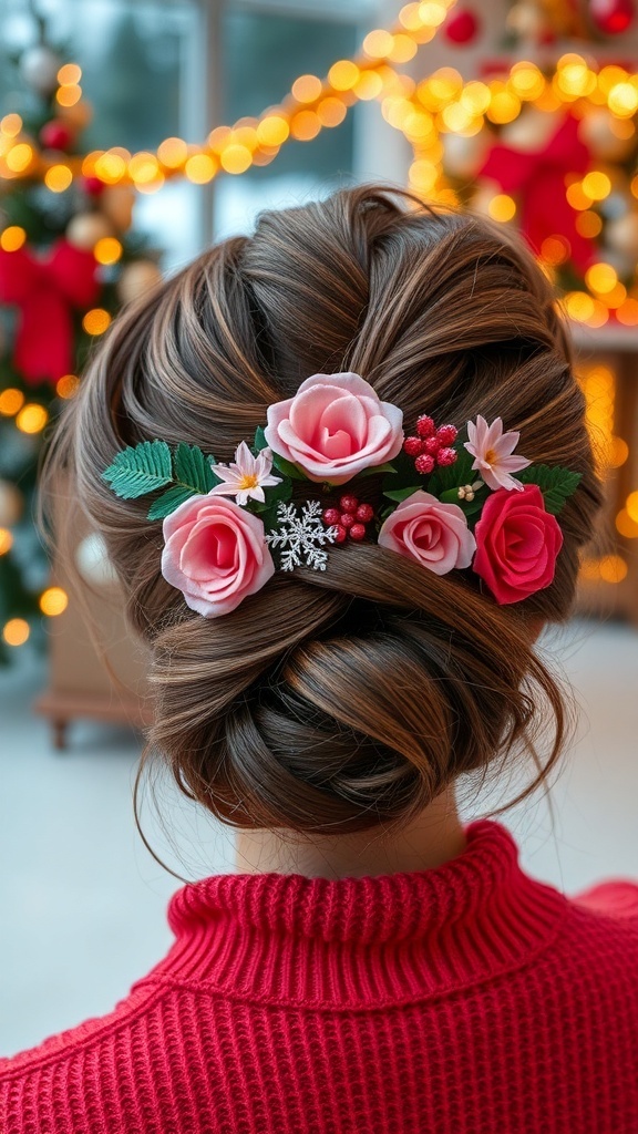 A floral accented updo hairstyle featuring pink roses and greenery, set against a festive background with Christmas decorations.