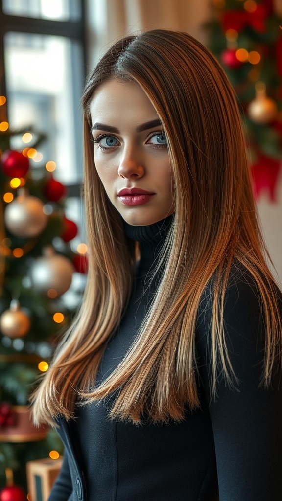 A woman with long, straight hair wearing a black turtleneck, standing in front of a Christmas tree decorated with ornaments and lights.