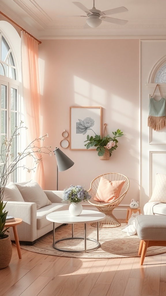 A cozy living room with soft pink walls, light gray furniture, and natural decor elements.