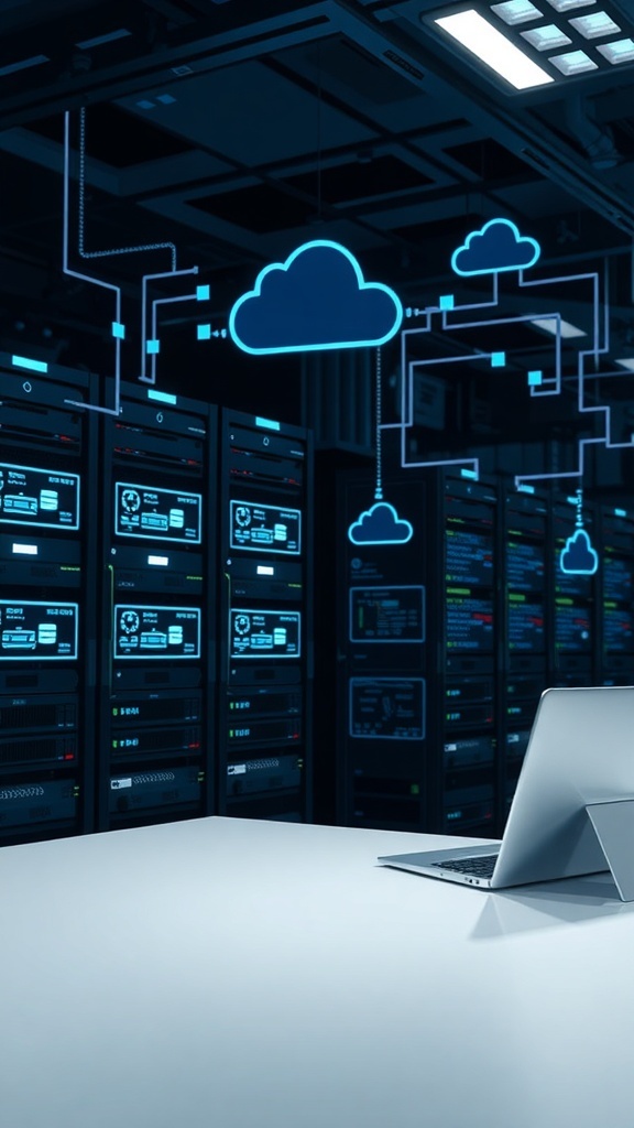 A modern data center with cloud computing symbols and a laptop on a table.