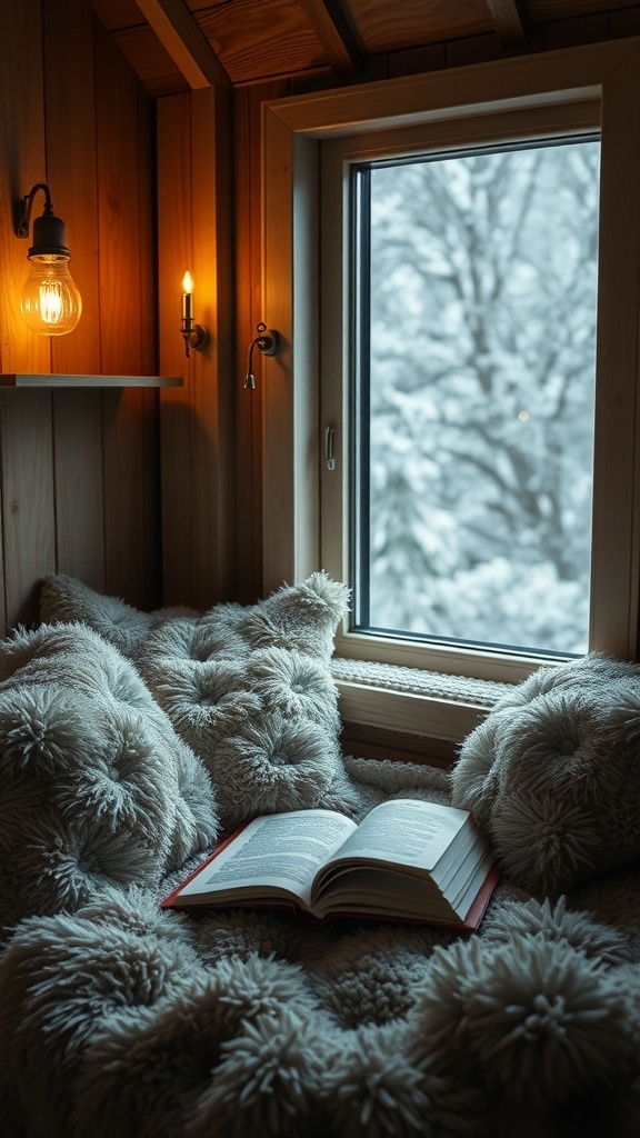 A cozy reading nook with fluffy pillows, a book, and warm lighting by a window.