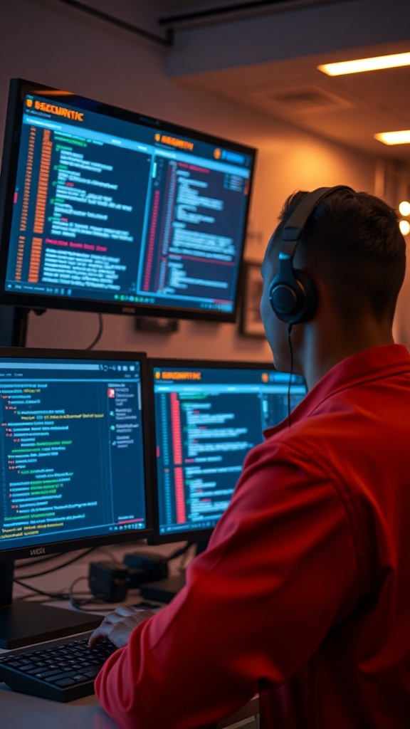 A person working on multiple computer screens related to cybersecurity tasks.
