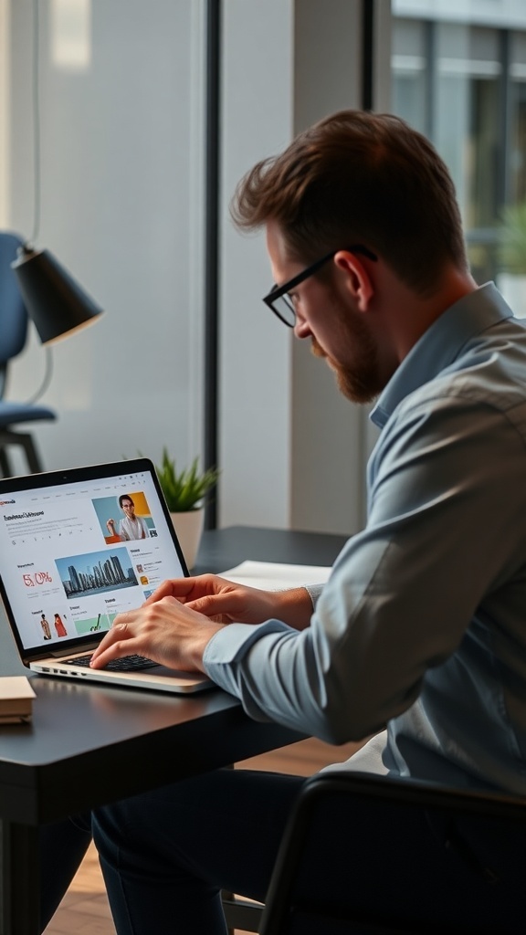 A person working on a laptop in an office setting, focused on e-commerce strategy development.