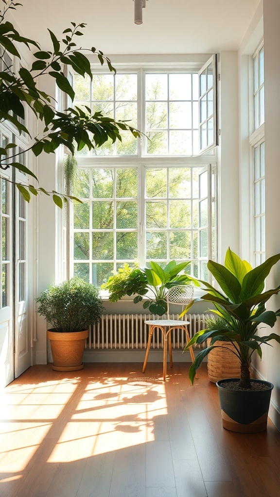 Bright room with large windows, plants, and sunlight streaming in