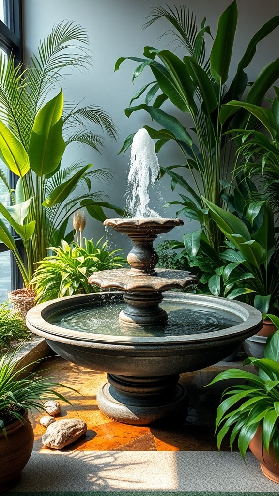A decorative fountain surrounded by lush green plants, symbolizing prosperity and tranquility.