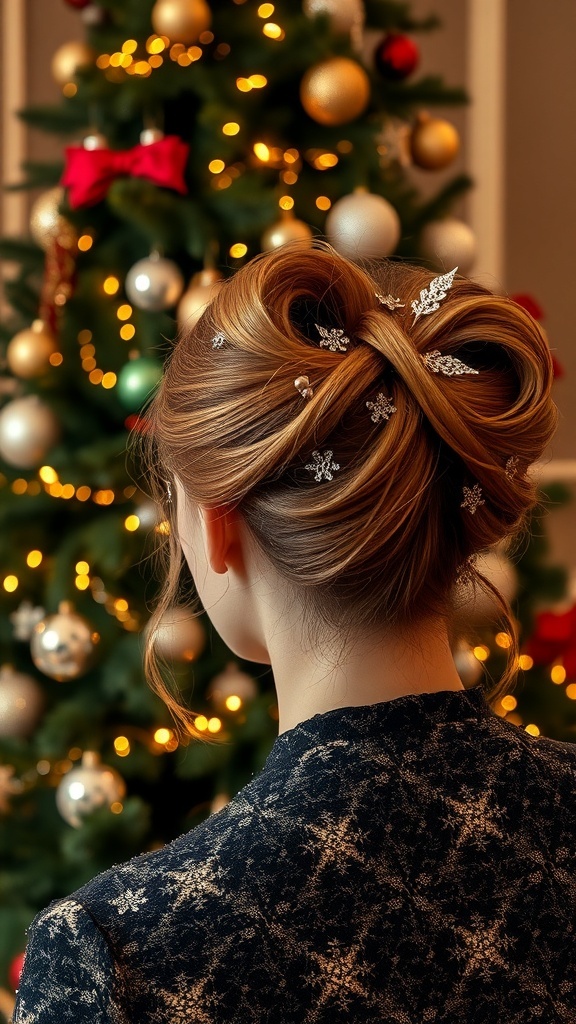A woman with an elegant updo hairstyle adorned with glittering hairpins, standing in front of a beautifully decorated Christmas tree.