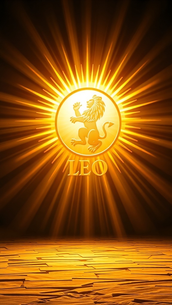 A golden lion symbol with rays of light, representing the zodiac sign Leo.