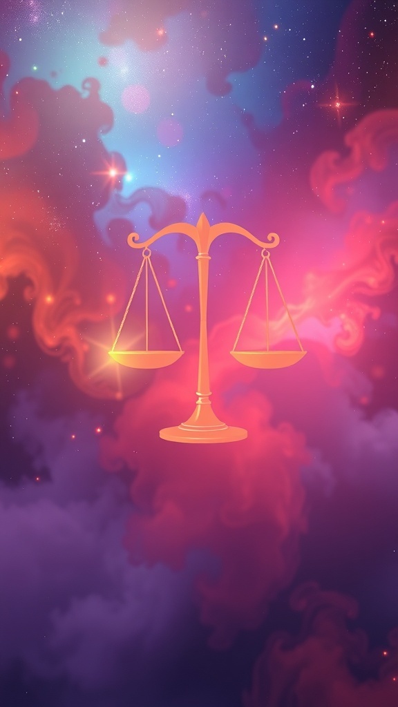 An artistic representation of Libra's scales against a colorful cosmic background.