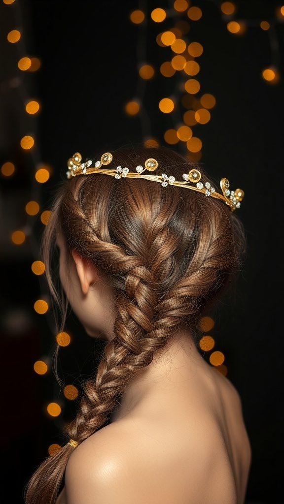 A chic braided crown hairstyle with a golden headpiece and warm bokeh lights in the background.
