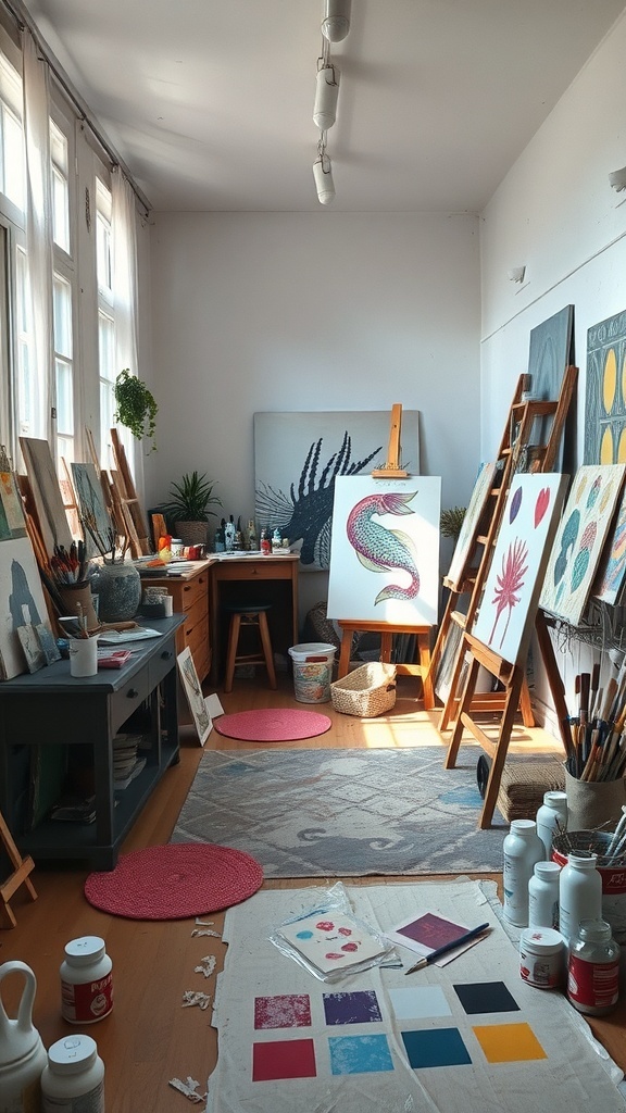 A bright and colorful art studio filled with paintings, paint supplies, and a cozy atmosphere.