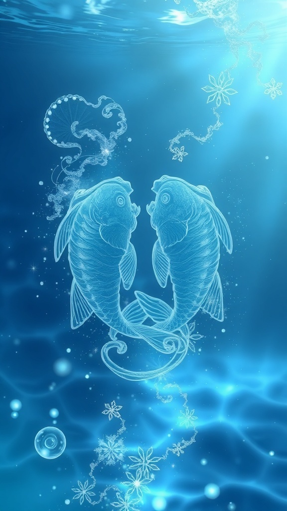 An artistic representation of two fish swimming in blue water, symbolizing the Pisces zodiac sign.
