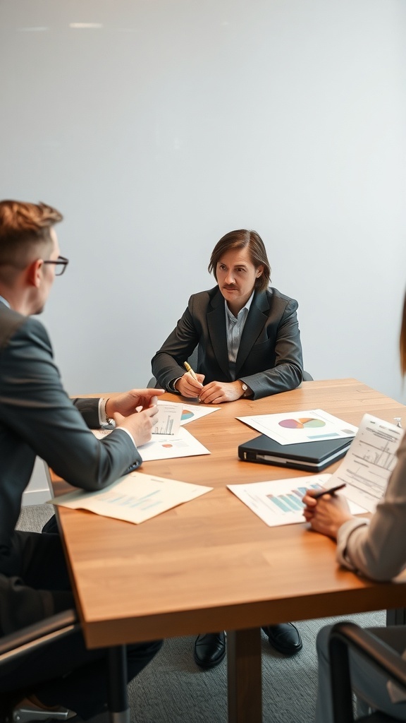 A group of professionals in a meeting discussing sales and negotiation strategies.