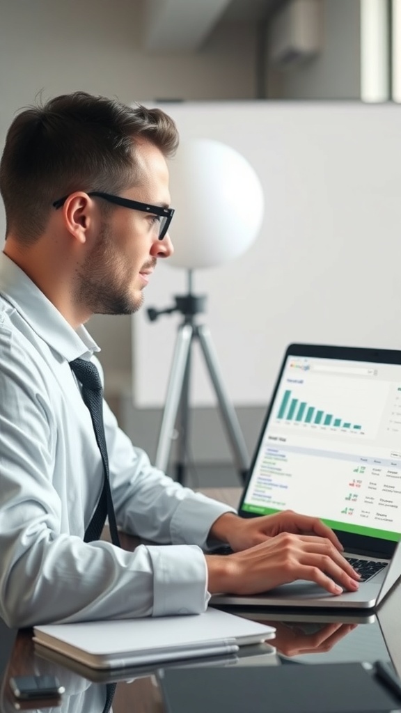 A person analyzing SEO data on a laptop in a modern office setting.