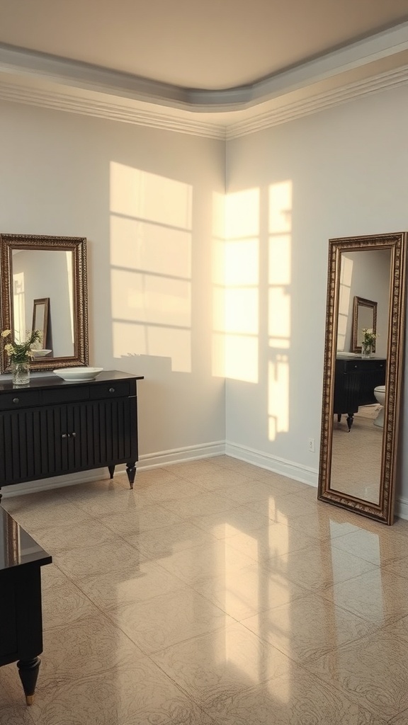 A bright room with two mirrors reflecting light, enhancing the space.