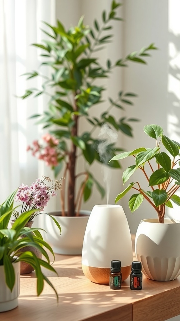 Aromatherapy setup with a diffuser and essential oils surrounded by plants.