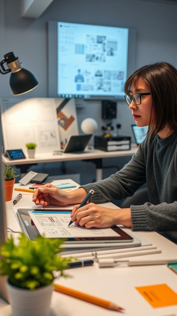 A designer working on UX/UI design at a desk with a tablet and sketches.