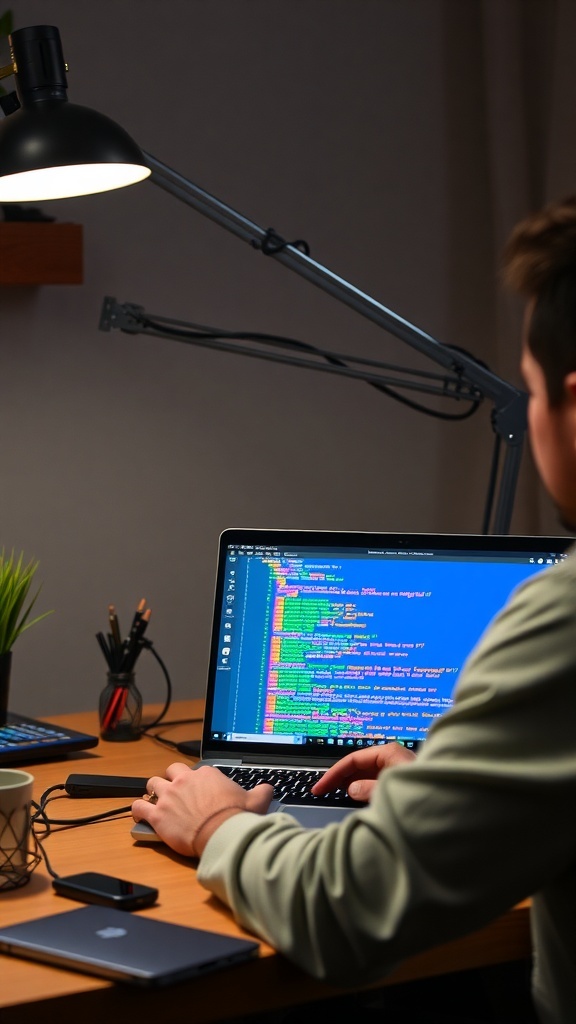 A person coding on a laptop with a desk lamp and plants in the background.
