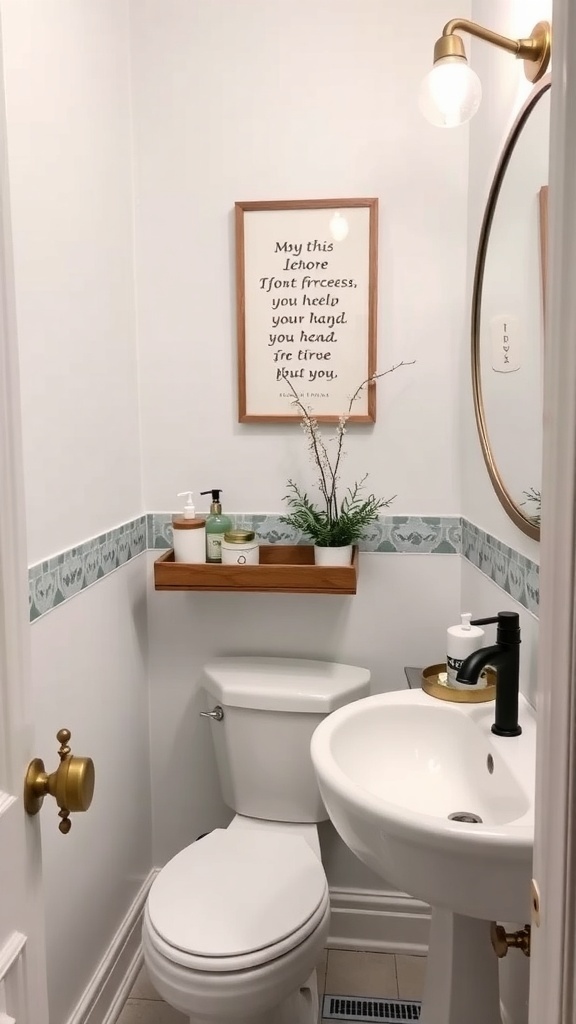15 Creative Ways to Decorate a Small Bathroom on a Budget A small bathroom featuring a framed quote, a wooden shelf with decor, and stylish fixtures.