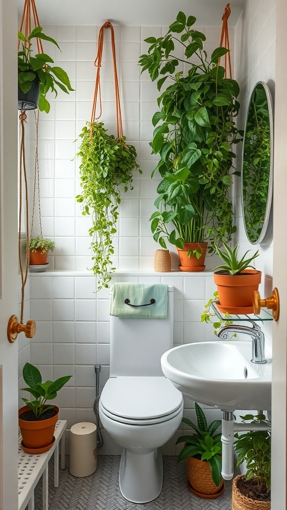 Small bathroom with various plants in pots and hanging planters.